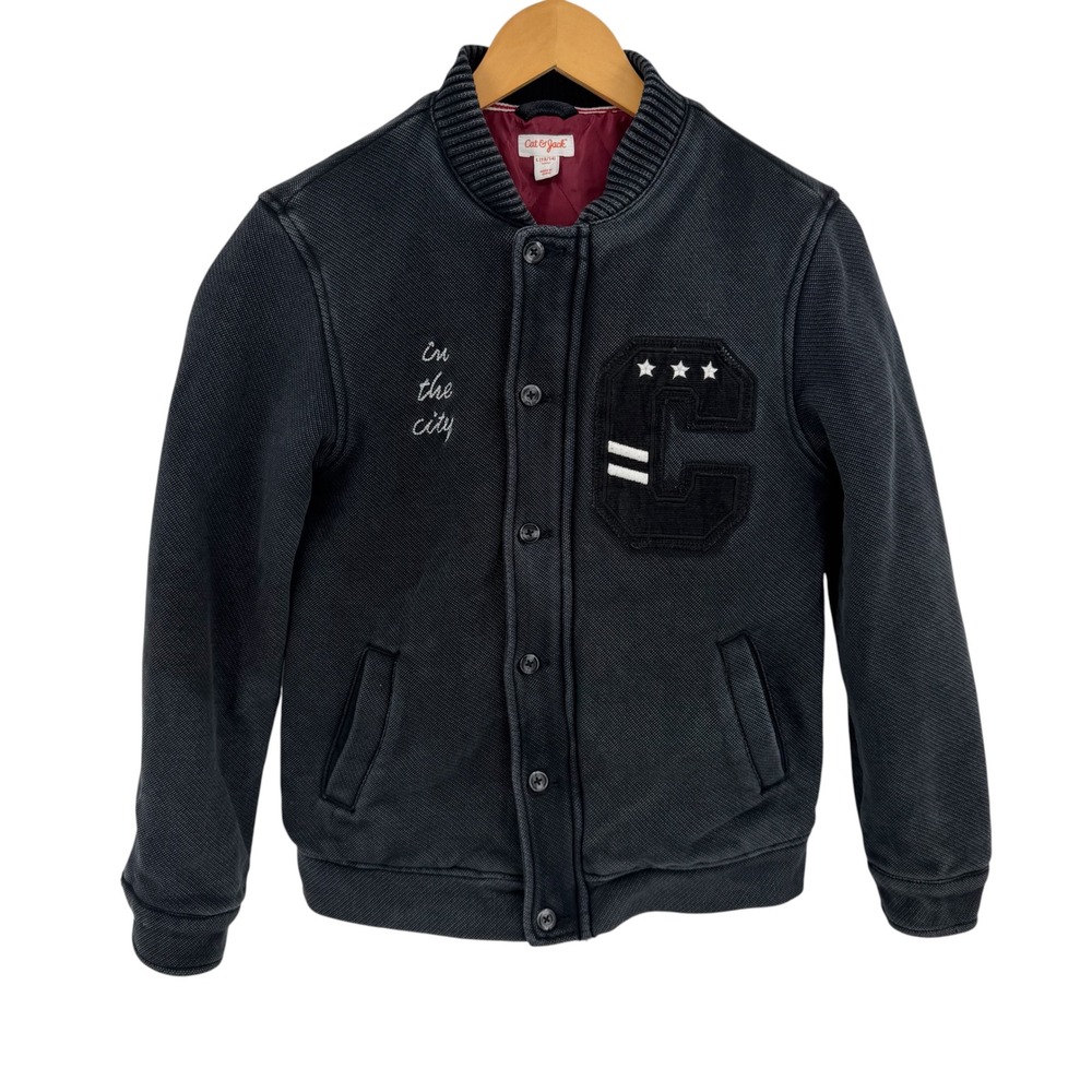 Cat & Jack Bomber Jacket Boys L 12/14 Black Varsity Letterman Cotton Outerwear